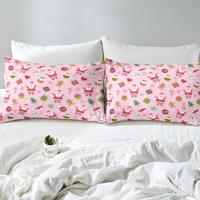 Manfei Christmas Duvet Cover Set Queen Size, Santa Claus Xmas Trees Snowflake Comforter Cover with 2 Pillowcases, New Year Pink Bedding Set 3pcs for Kids Girls Lightweight Bedspread Cover,No Comforter