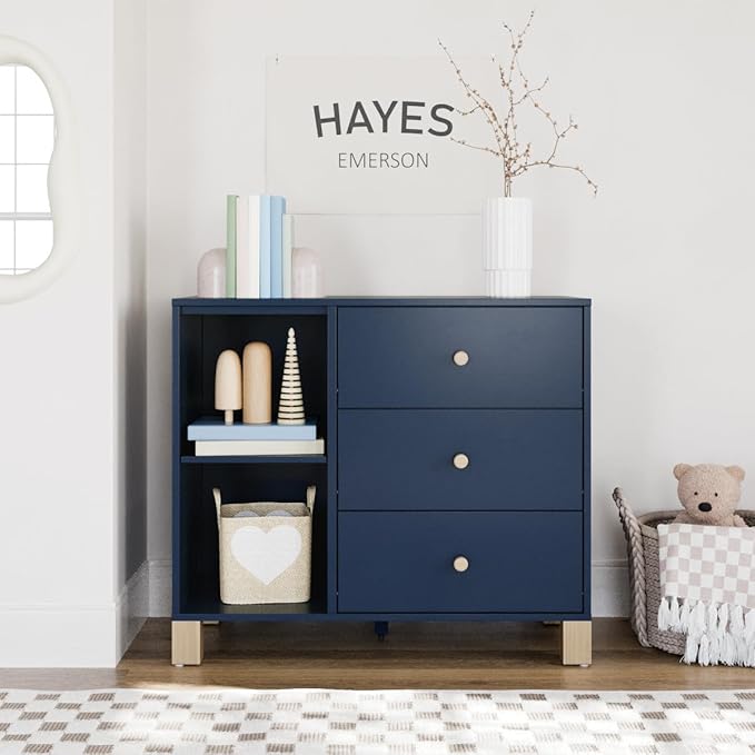 Storkcraft California 3 Drawer Combo Dresser (Midnight Blue with Driftwood) – GREENGUARD Gold Certified, Interlocking Drawer System, Pre-Installed Drawer Tracks for Easier Assembly, Spacious Cabinet