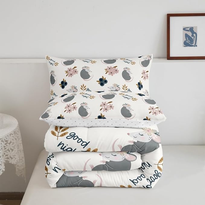 Castle Fairy Watercolor Flower Plant Boys Girls Comforter Set Full Size,Cute Opossum Duvet Set Teens Bedroom Decor,Cartoon Animals Microfiber Soft Bedding