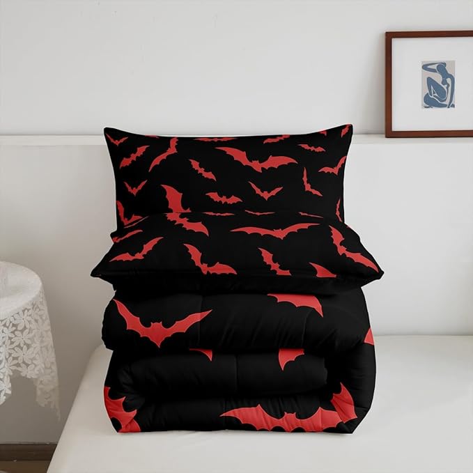 Erosebridal Bat Bedding Set Halloween Comforter Set with 2 Pillow Cases Red Bats Animals Quilt King Size for Kids Boys Bedroom Holiday Gothic Spooky Style Quilt