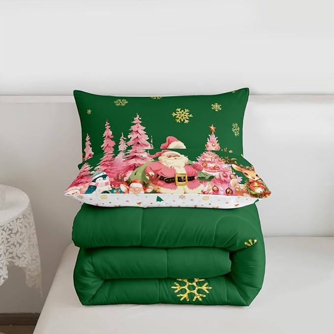jejeloiu Merry Christmas Comforter Set Twin Size Santa Claus Bedding Set for Kids Boys Girls Cute Deer Duvet Quilt Green Bedroom Decor