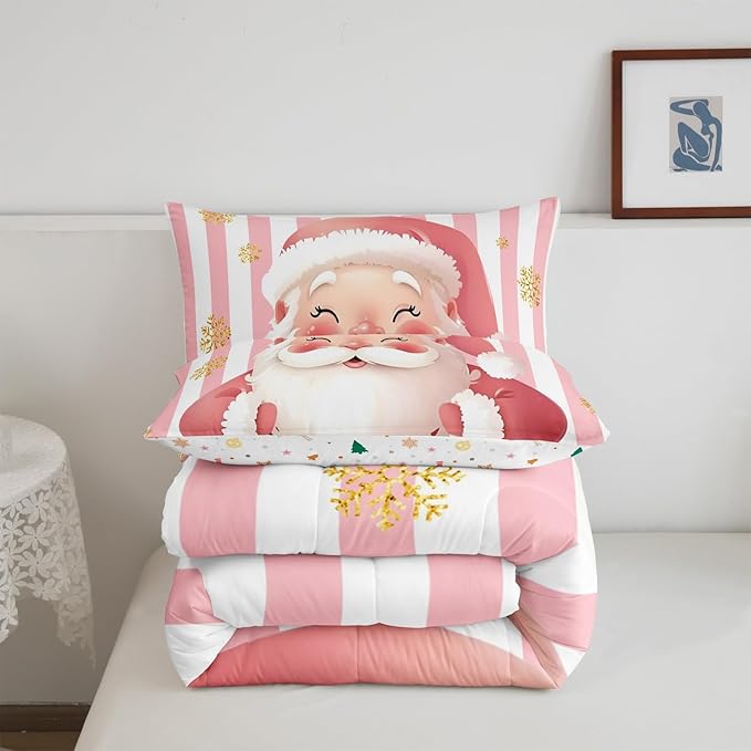 Feelyou Merry Christmas Decorations Twin Size Comforter Set Santa Claus Bedding Set Pink Quilt Set Soft Warm Lightweight Duvet Set