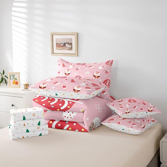 Feelyou Santa Claus Bed in a Bag Cute Rabbit Kawaii Pink Comforter Set with Sheets for Kids Boys Girls Decor Merry Christmas Bed Set Girly Pink Bedding Set Bedroom Collection King Size