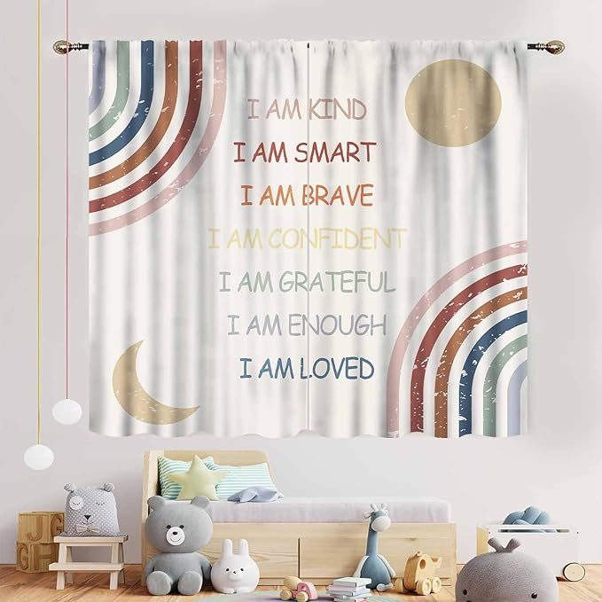 Rainbow Curtains for Girls Bedroom, Boho Rianbow Quotes Inspirational Motivational Positive Colorful Pastel Window Drapery for Baby Kids Living Room Toddler Nursery Classroom 2 Panels, 63"x72" Inch