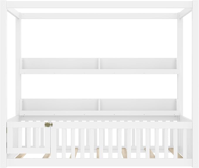 Polibi Twin Size Montessori Floor Bed with Guardrails, Low Profile Solid Wood Canopy Frame with Built-in Shelves, No Box Spring Needed, for Kids, White