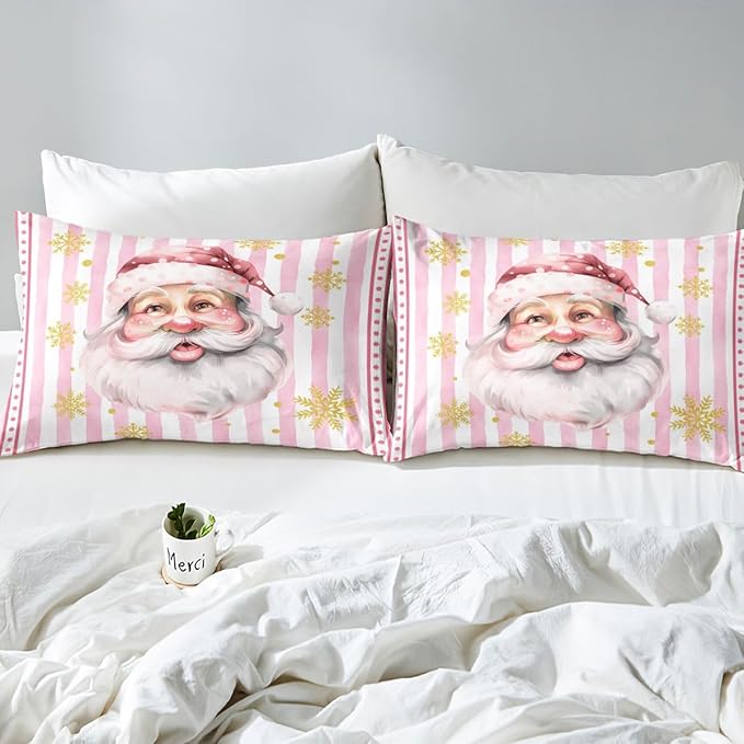 Manfei Cartoon Santa Claus Duvet Cover,New Yrar Decor Golden Snowflake Christmas Theme Bedding Set for Bedroom Decor,Girly Pink Geometric Stripes All Season Bedding (NO Comforter) King Size