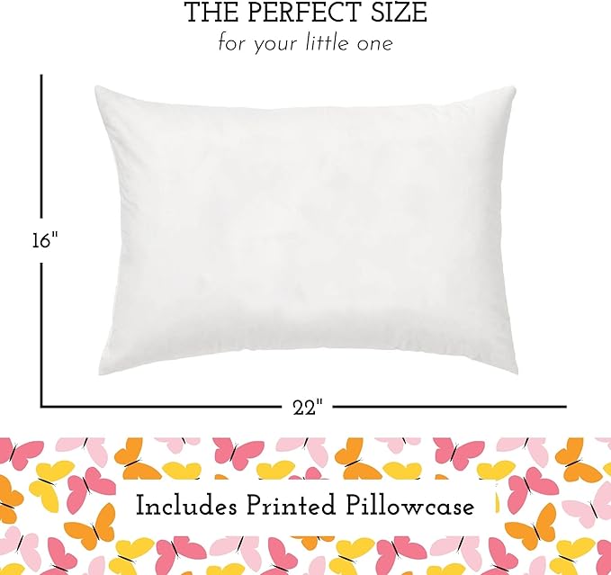 Little Sleepy Head Youth Pillow with Pillowcase 16x22, Soft Jumbo Toddler Pillow, Hypoallergenic Pillow Case - Best Kids Pillows for Sleeping, Perfect Kids Travel Pillows (Butterflies)