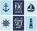 Andaz Press Ocean Nautical Sailor Theme Nursery Kids Bedroom Hanging Wall Art Decor, 8.5x11-inch, Baby Blue Stripes Dots, Dream Big, Let Your Dreams Set Sail, 6-Pack, Unframed Room Poster