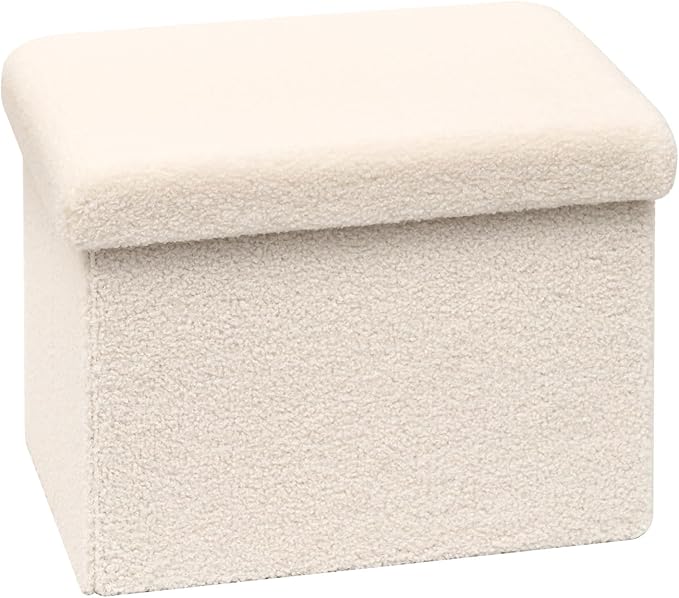 PINPLUS Storage Ottoman Cube Ottoman Foot Rest,Small Foldable Portable Boucle Upholstered Sherpa Ottomans, Faux Teddy Fur, White 16.5"x12.6"x12.6"