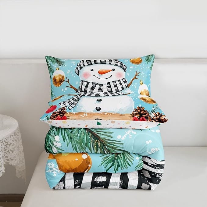 Feelyou Merry Christmas Comforter Set Full Size Cute Snowman Bedding Set for Kids Boys Girls Snowflake Duvet Quilt Winter Bedroom Decor Microfiber 3 Pcs with 2 Pillow Cases