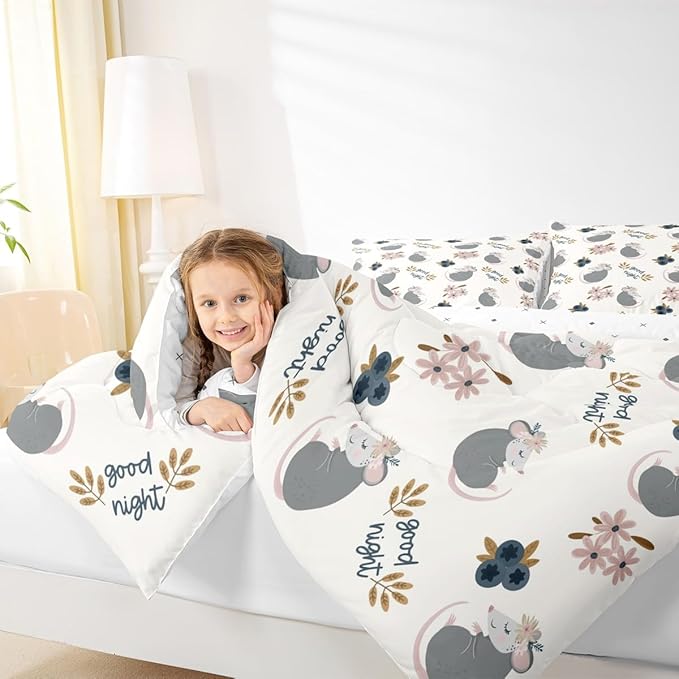 Castle Fairy Watercolor Flower Plant Boys Girls Comforter Set Full Size,Cute Opossum Duvet Set Teens Bedroom Decor,Cartoon Animals Microfiber Soft Bedding
