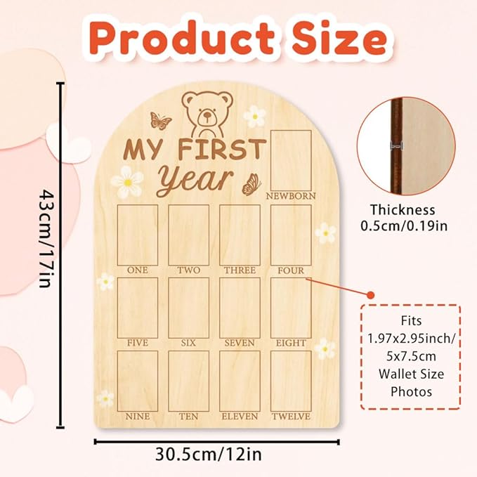 ORIGACH My First Year Baby Growth Photo Display Wood Board - 12 Months Newborn Milestones Photo Board - Neutral Baby Keepsake Frame 1st Birthday Party Nursery Decor New Mom Gift - Bear