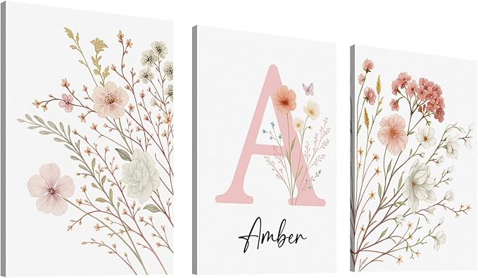 Personalized Girls Nursery Wall Art - Custom Name Pink Floral Butterfly Canvas Print 3pc Framed Wrapped Canvas for Bedroom Living Room Entryway Study Room Initial Wall Decor Baby Shower Birthday Easter Graduation New Year Valentine's Day Gift (60×90cm/...