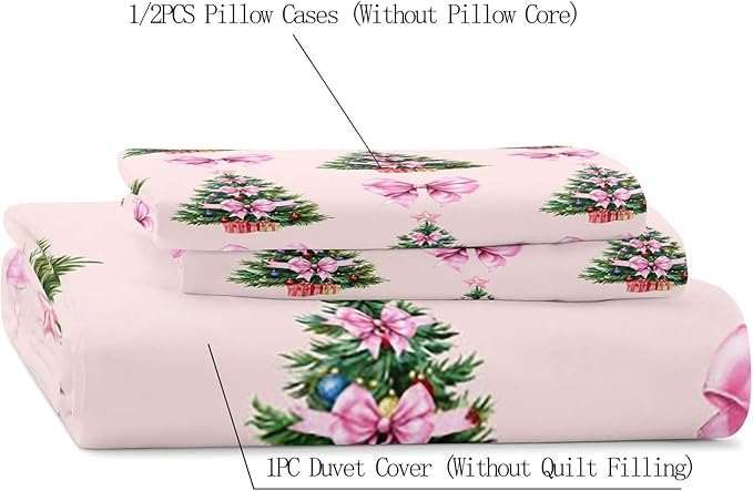LUVIVIHOME 3PCS Pink Bow Christmas Tree Duvet Cover King Bedding Set, Teen Girl Bedding, Light Pink Duvet Cover, Xmas Tree Winter Holiday Festival Coquette Christmas Comforter Cover, 2 Pillow Cases