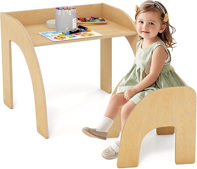 INFANS Kids Table and Chair Set, Wooden Activity Table for Toddlers Arts Crafts Drawing Reading Playing Building Block Drawing, Children Natural Furniture Set for Playroom Nursery