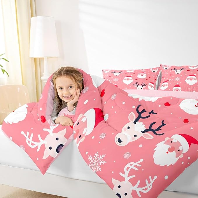 Feelyou Christmas Comforter Set All Season Santa Deer Bedding Set with 2 Pillow Cases Snowflake Microfiber Kids King Bedclothes Bedroom Decor Duvet Quilt Breathable Soft Lightweight