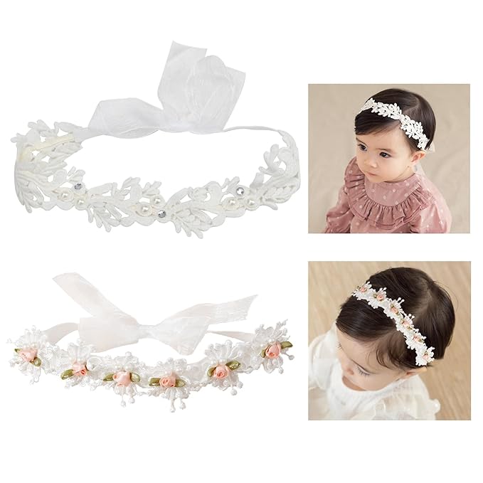 2 Pack 18-20in Elegant White Flower Christening Headbands for Baby Girl, Elastic Soft Lace with Cute Tulle Pearl Hair Strap (Snow Tooth Rose)