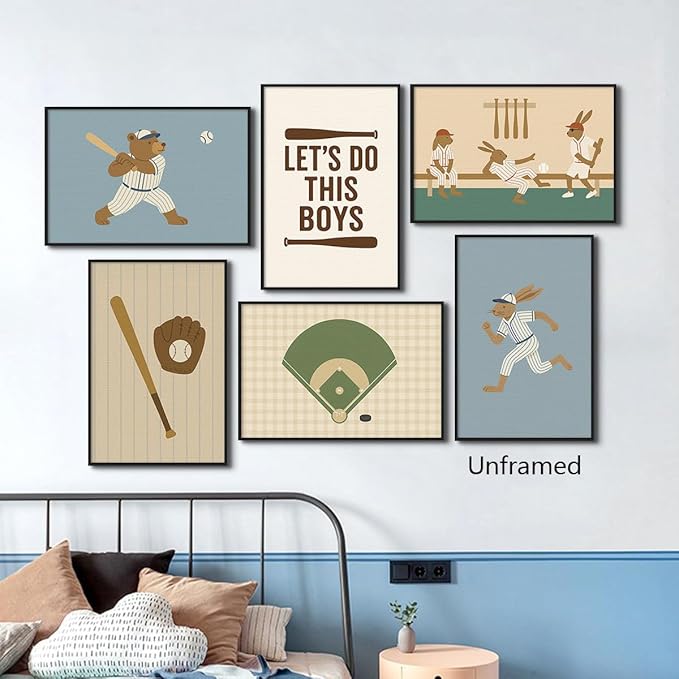 Baseball Poster Canvas, Baby Boy Sports Nursery Wall Art, Cute Animal Rabbit Bear Athletes Pictures, Let's Do This Boys Charming Quote Print, Kids Bedroom Baseball Field Art 16x24in Unframed