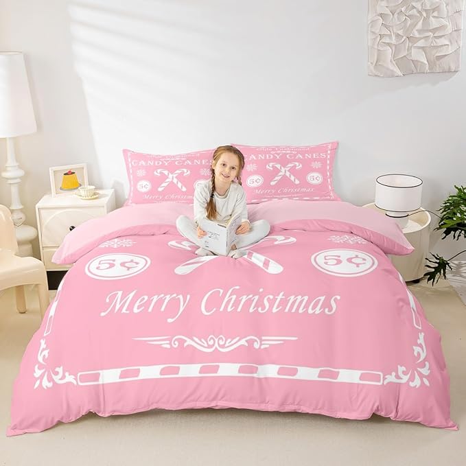 jejeloiu Christmas Bedding Set King Size Kids Christmas Quote Comforter Cover Set for Boys Girls Teens Candy Canes Print Duvet Cover Xmas Bedspread Cover Room Decorations Pink White Quilt Cover
