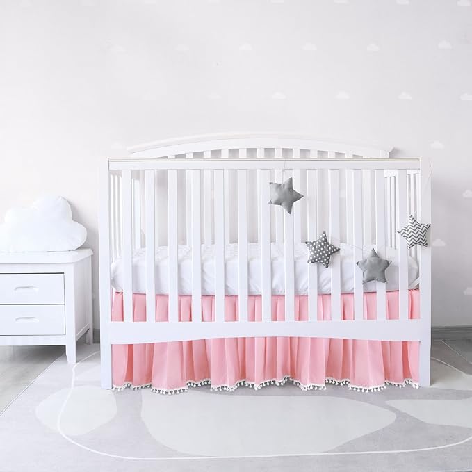 Pink Crib Skirt Pleated with White Lovely Pompoms, Bedding Dust Ruffle for Girls, 14" Drop, Fit All Standard Crib Bed, Fade Resistant Crib Bed Skirt Machine Wash