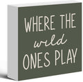 Where The Wild Ones Play Green Wood Box Sign Desk Decor 8x8, Nursery Kids Room Wooden Block Sign Decorations for Playroom Toddler Boys Girls Room Wall Tabletop Shelf Decor