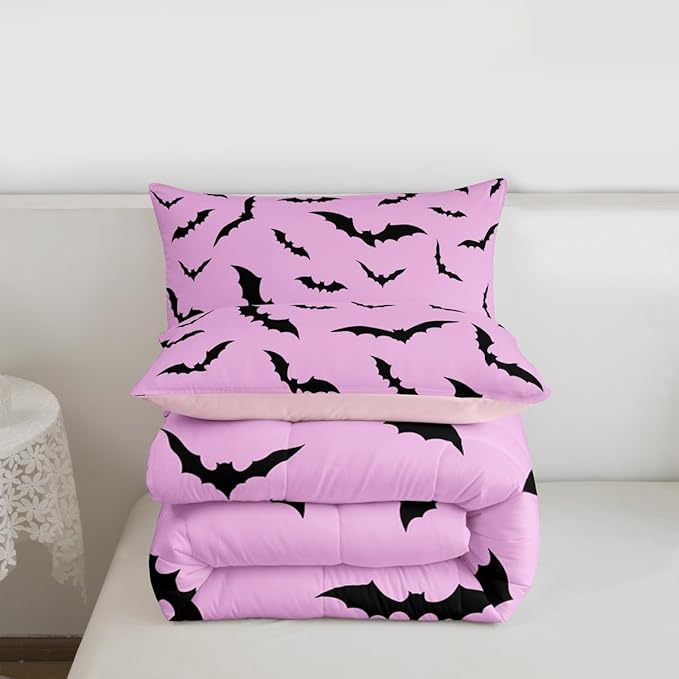 Erosebridal Gothic Bat Comforter Set Halloween Theme Bedding Set King Size,Horror Spooky Animal Quilt for Kids Boys Girls Adults Black Bats Silhouette Down Comforter,Pink Goth Room Decor
