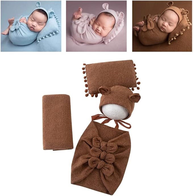 Vemonllas Newborn Baby Boy Girl Photography Props Bow Wrap, Posing Aid, Hat and Blanket Set of 4 Pcs
