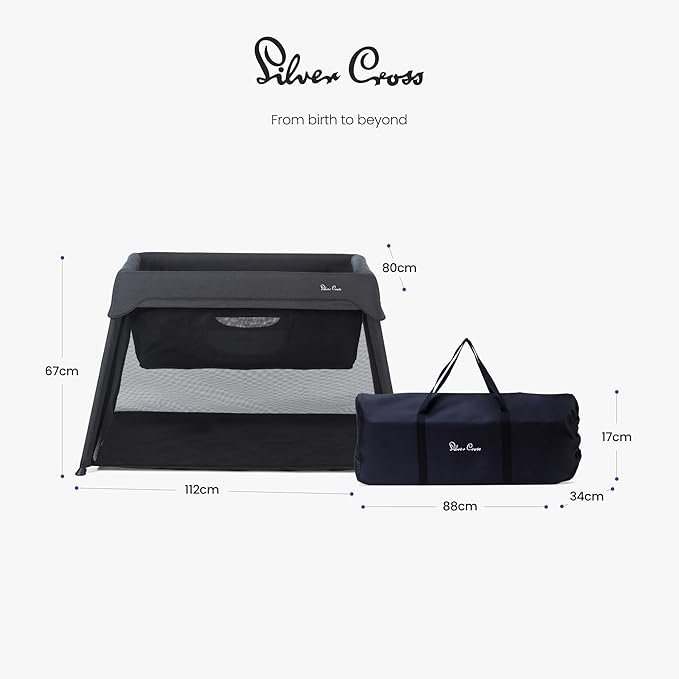 Silver Cross Sleep & Go 3 in 1 Travel Crib - Converts Newborn Bassinet, Crib to Playard - Portable, Lightweight, Easy to Pack with Comfortable Mattress for Infants to Toddlers - Carbon (Sustainable)
