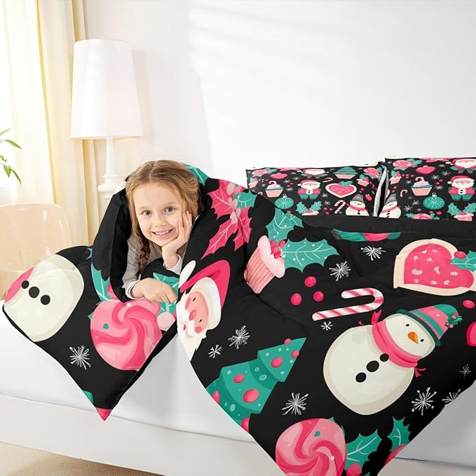 Feelyou Christmas Decor Comforter Set Twin Size Pink Santa Claus Bedding Set for Kids Boys Girls New Year Gift Duvet Quilt Snowman Bedroom Decor Microfiber 2 Pcs with 1 Pillow Cases