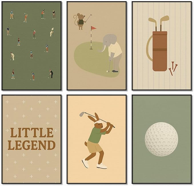 Golf Canvas Wall Art, Baby Boy Nursery Sports Posters, Animal Athletes Elephant Rabbit Pictures, Little Legend Charming Quote Print, Kids Bedroom Golf Course Wall Decor 12x16in Wrapped Canvas
