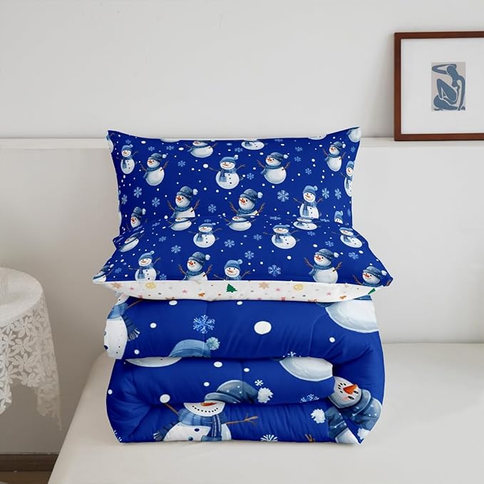 jejeloiu Kids Cute Winter Snowman Comforter Set Twin Size Blue Christmas Theme Bedding Set for Boys Girls Teens Xmas Snowflake Happy New Year Duvet Quilt Room Decor