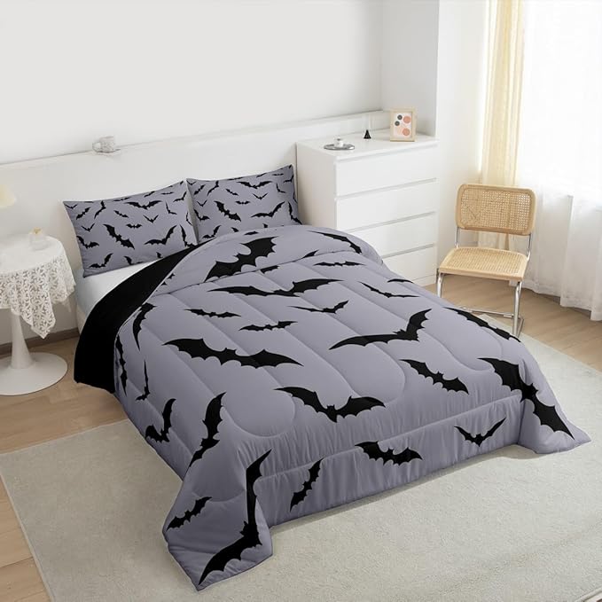 Erosebridal Halloween Comforter Set Black Bats Bedding Set King Size,Black Grey Halloween Decor Quilt for Kids Boys Girls Adults Gothic Spooky Bat Down Comforter,Horror Animals Decorations