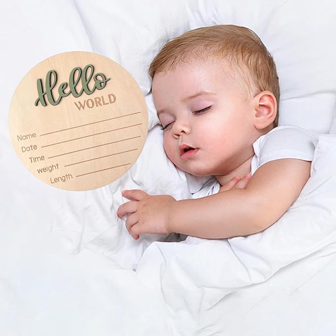 Baby Announcement Sign, 5.9 Inch Wooden Hello World Newborn Signs, Birth Announcement Sign, Baby Shower Hospital Nursery for Newborn Boys and Girls (Forest Green,Pen)