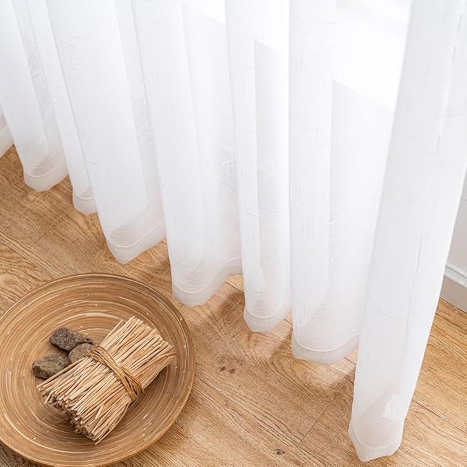White Sheer Curtains 92 Inches Long 2 Panels, Thin Textured Linen Look Drapes for Living Room, Rustic See Through Window Treatments Decor, DIY Pinch Pleat Sliding Glass Door Curtain