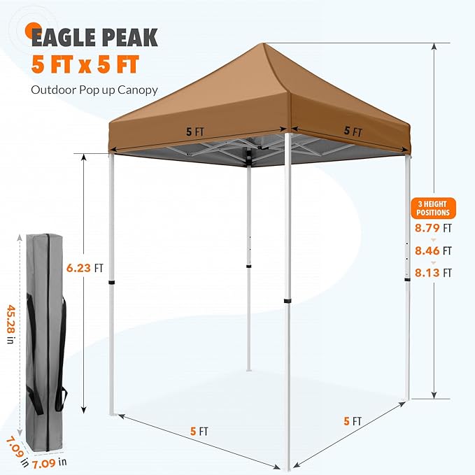 EAGLE PEAK 5x5 Pop Up Canopy Tent Instant Outdoor Canopy Easy Set-up Straight Leg Folding Shelter, Khaki