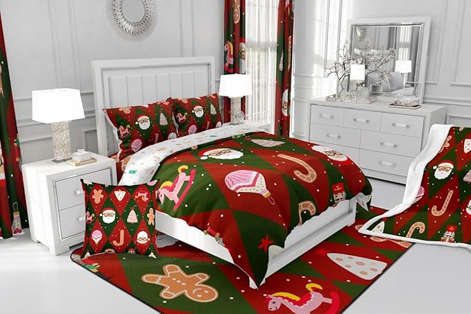 Feelyou Merry Christmas Bedding Set Soft for Boys Girls, Santa Claus Comforter Set King Size Xmas Tree Nutcracker soldier Duvet Quilt Microfiber Gingerbread Man Bedroom Decor 3 Pcs with 2 Pillow Cases