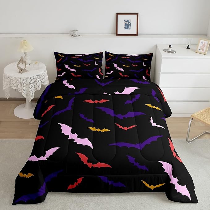 Erosebridal Bat Bedding Set Queen Size for Kids Children Happy Halloween Comforter Set Flying Bat Quilt Gothic Spooky Down Comforter with 2 Pillow Cases,Purple and Pink