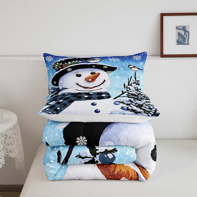 Feelyou Kids Christmas Theme Decorations Bedding Set Xmas Snowman Comforter Set for Boys Girls Snowflake Kawaii Cute Gradient Blue Bedroom Collection Twin Size