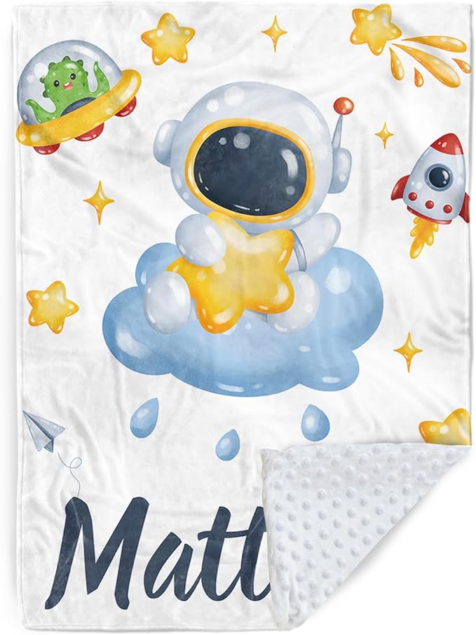 Personalized Baby Blanket with Name, Custom Space Astronaut Theme Blanket for Kids, Soft Flannel Bed Throw Blanket Swaddle for Newborn, Customizable Baby Gift & Nursery Blanket(47" x60)