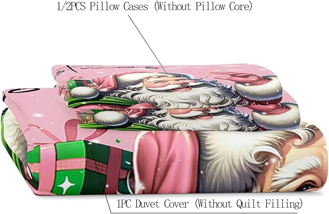 LUVIVIHOME 3PCS Pink Santa Claus Duvet Cover King, Christmas Bedding Sets, Pink Duvet Cover, Kids Girls Bedding, Snowflake Holiday Xmas Gifts Christmas Comforter Bedspread Quilt Cover, 2 Pillow Shams