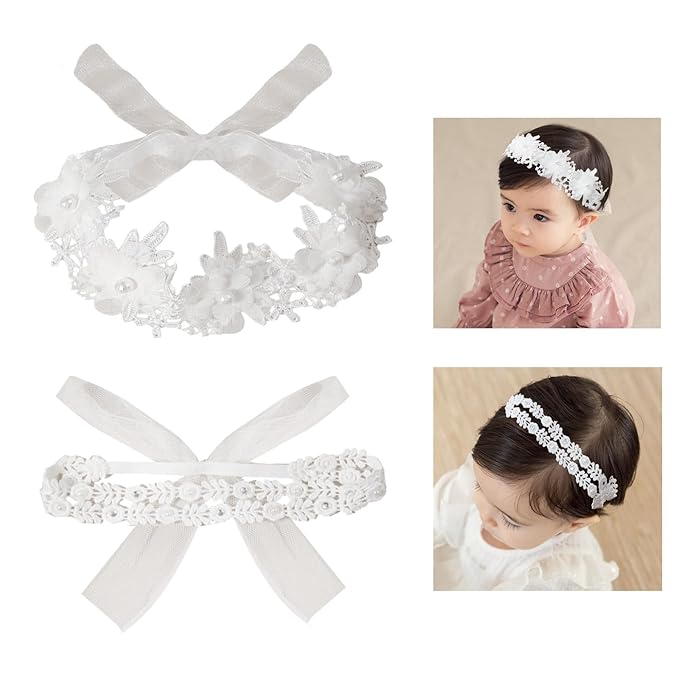 2 Pack 18-20in Elegant White Flower Christening Headbands for Baby Girl, Elastic Soft Lace with Cute Tulle Pearl Hair Strap (Double row of small lace)