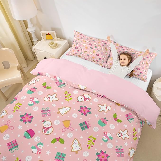 Christmas Kids Bedding Set Cartoon Christmas Tree Snowman Duvet Cover for Boys Children Teens Bedroom Decor Flower Birds Comforter Cover Set Pink New Year Bedspread Cover Full Size with 2 Pillow Case