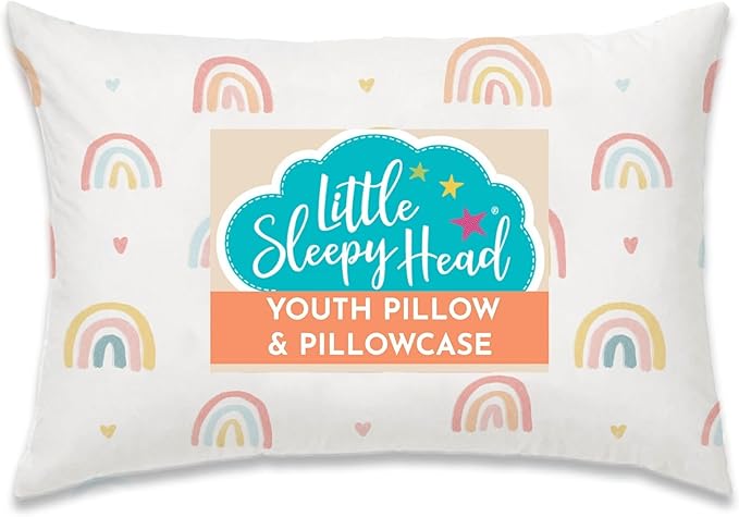 Little Sleepy Head Youth Pillow, 16x22 inch, Jumbo Toddler Pillow with Hypoallergenic Pillowcase - Perfect Travel Pillow (Rainbows)