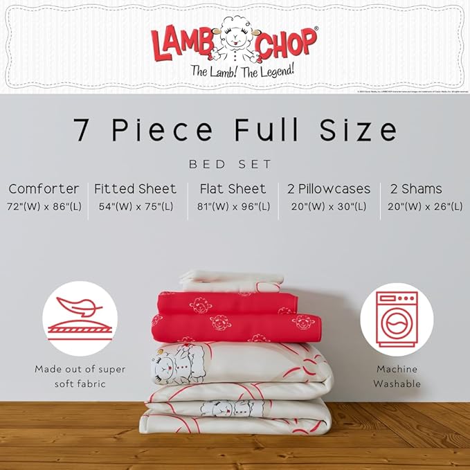 Lamb Chop Retro Classic 7 Piece Full Bedding Set - Super Soft Cozy Reversible Comforter and Sheet Set with Sham, (Officially Licensed Product) by Franco