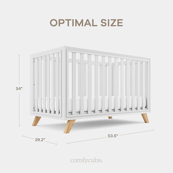 Comfy Cubs Baby Crib for 0 to 3 Years - Adjustable Mattress Height, Natural Wooden Crib for Baby, Elegant Nursery Furniture - 80 lbs Capacity Nursery Bed - White Bars and Frame with Natural Wood Leg