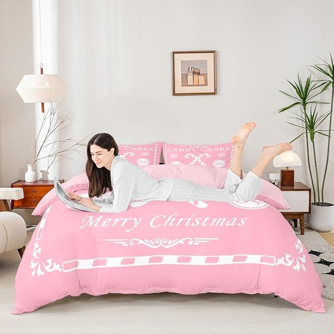 jejeloiu Christmas Bedding Set Twin Size Kids Christmas Quote Comforter Cover Set for Boys Girls Teens Candy Canes Print Duvet Cover Xmas Bedspread Cover Room Decorations Pink White Quilt Cover