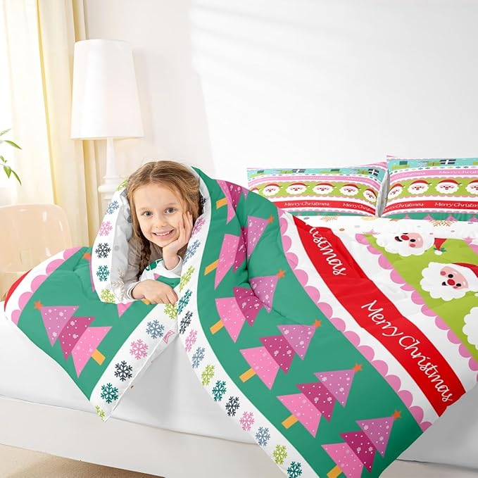Feelyou Merry Christmas Comforter Set Toddler Size Santa Claus Bedding Set for Kids Boys Girls Xmas Tree Snowflake Duvet Quilt Striped Bedroom Decor Microfiber 2 Pcs with 1 Pillow Cases