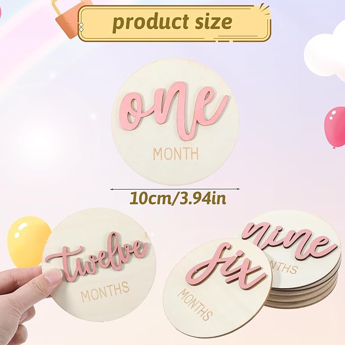 6 Pcs Baby Monthly Milestone Signs, Double Sided Wooden 3D Milestone Markers Disc from 1-12 Months 4 Inch Newborn Age Announcement Sign for Photo Props (Pink)