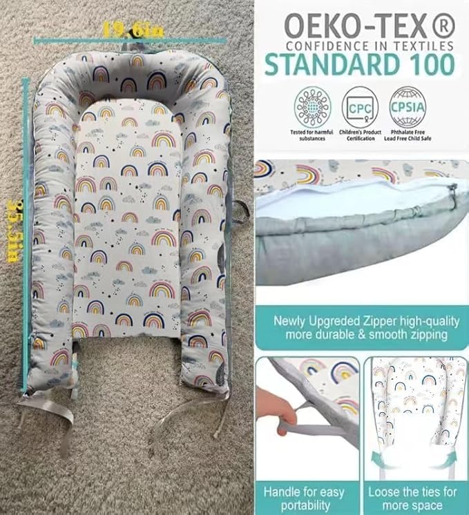 Baby Lounger Cover for Newborn 0-24 Months Soft Baby Nest Cover Organic Breathable Lounger Pillow for Newborn Infants Rainbow