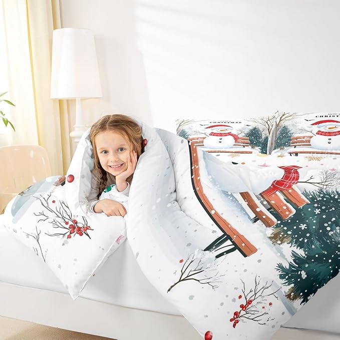 Feelyou Merry Christmas Comforter Set Queen Size Cute Snowman Bedding Set for Kids Boys Girls Snowflake Duvet Quilt Christmas Tree Bedroom Decor Microfiber 3 Pcs with 2 Pillow Cases
